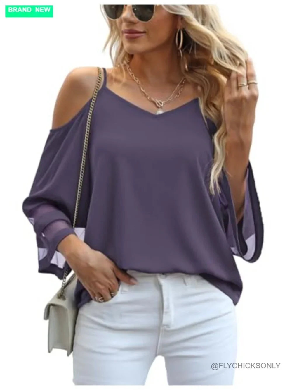 Cold Shoulder Mesh Panel Bell Sleeve Top Blouse